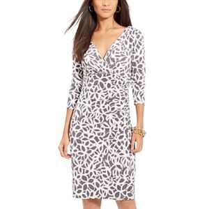 Lauren Ralph Lauren Faux Wrap Dress Sz 8 Gray Ivory Ruched 3/4 Sleeves